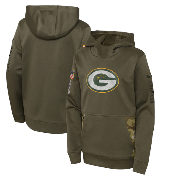 Youth Olive Green Bay Packers 2022 Salute to Service Therma Performance Pullover Hoodie